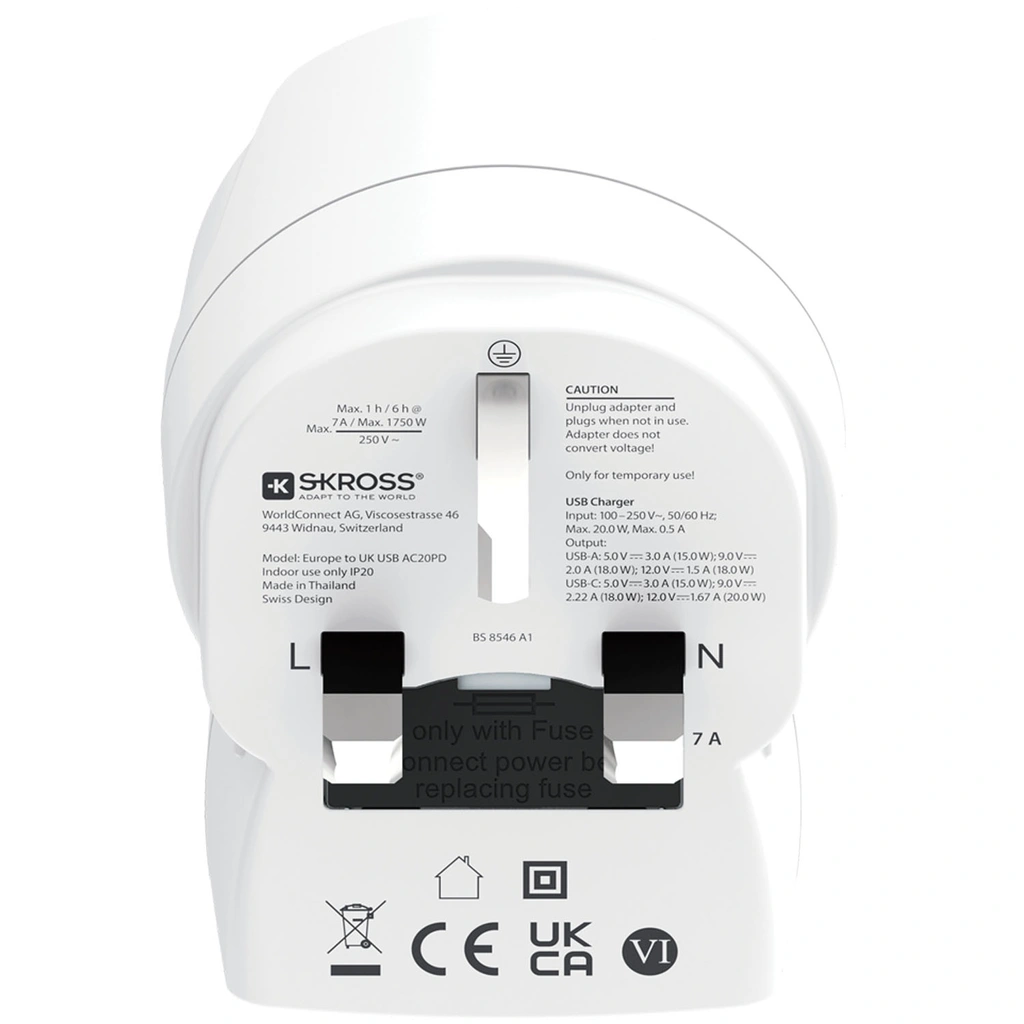 Reseadapter Europa till UK m.fl. USB-A/USB-C 20W PD Jordad