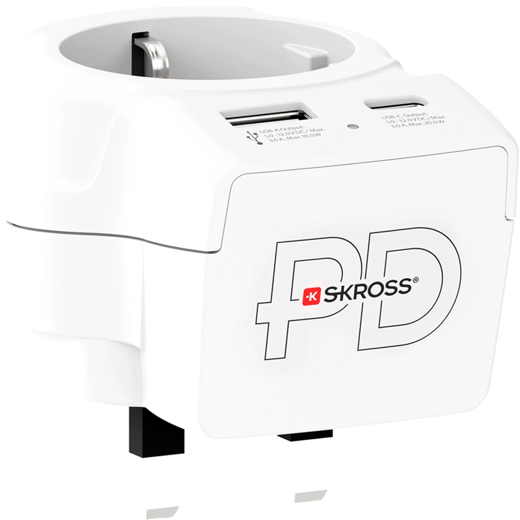 Reseadapter Europa till UK m.fl. USB-A/USB-C 20W PD Jordad