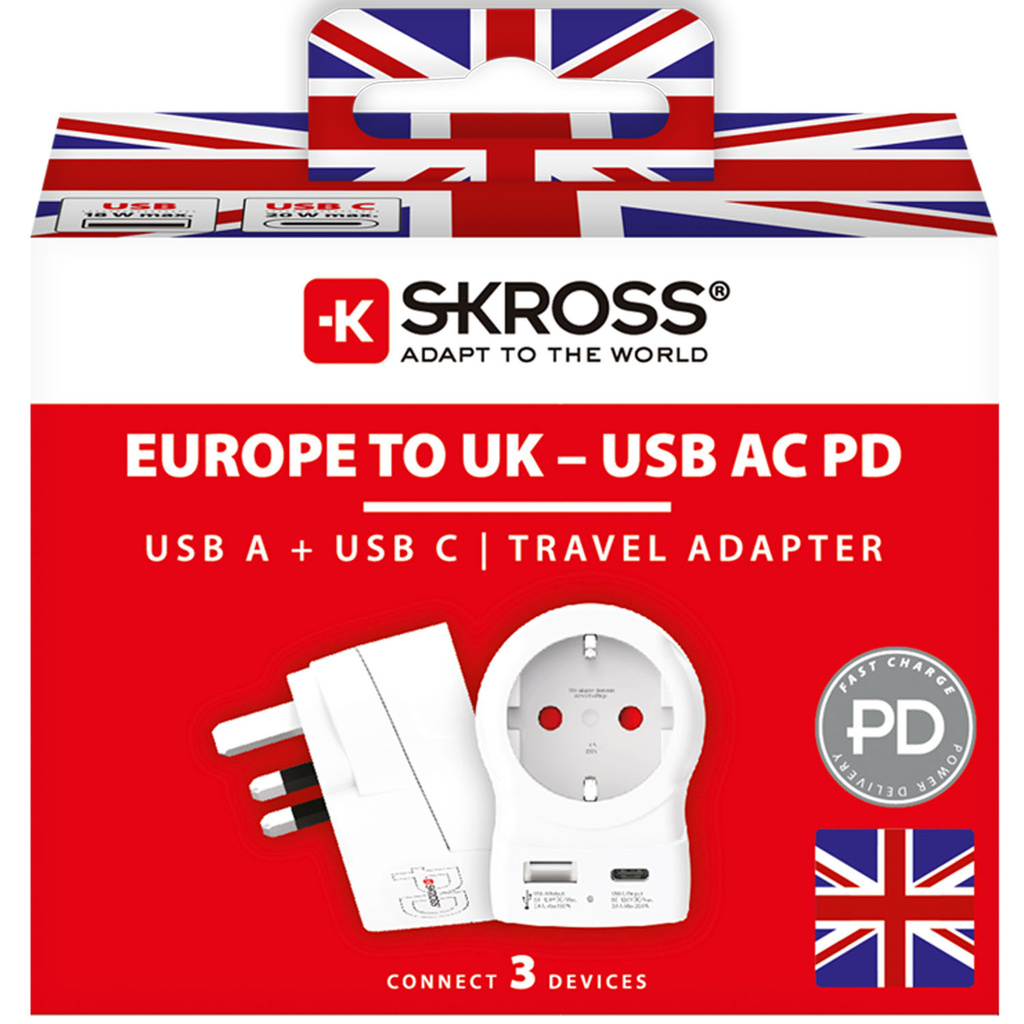 Reseadapter Europa till UK m.fl. USB-A/USB-C 20W PD Jordad