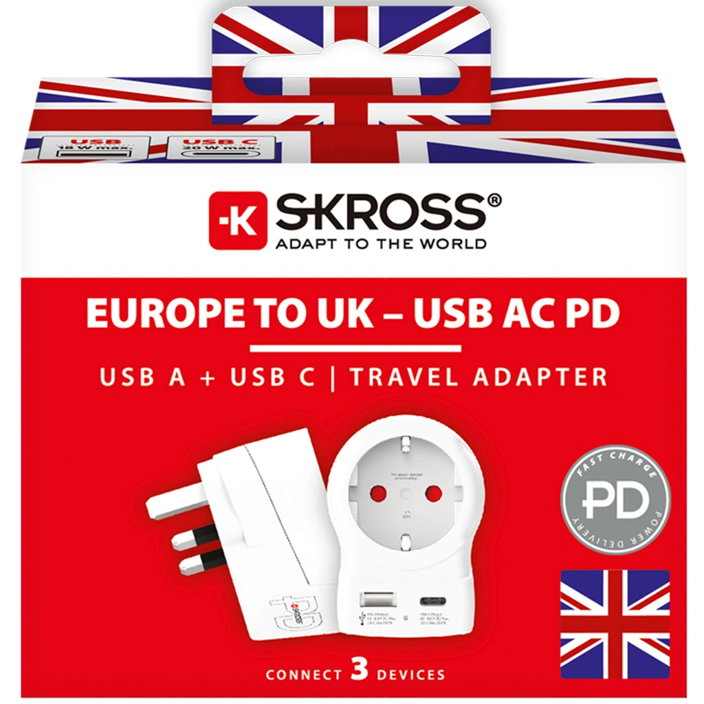 Reseadapter Europa till UK m.fl. USB-A/USB-C 20W PD Jordad