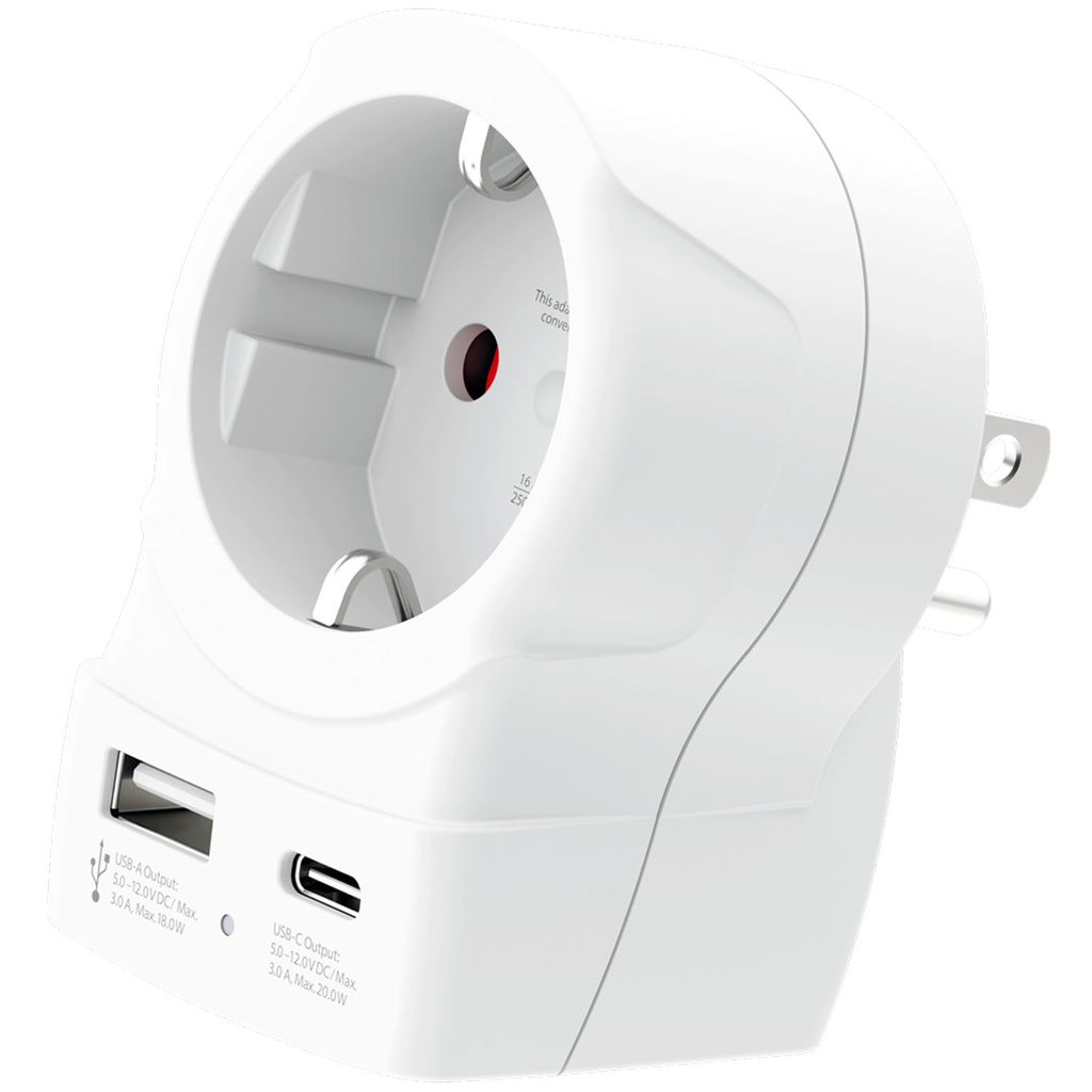 Travel adapter Europe to USA USB-A/USB-C 20W PD 3-pole