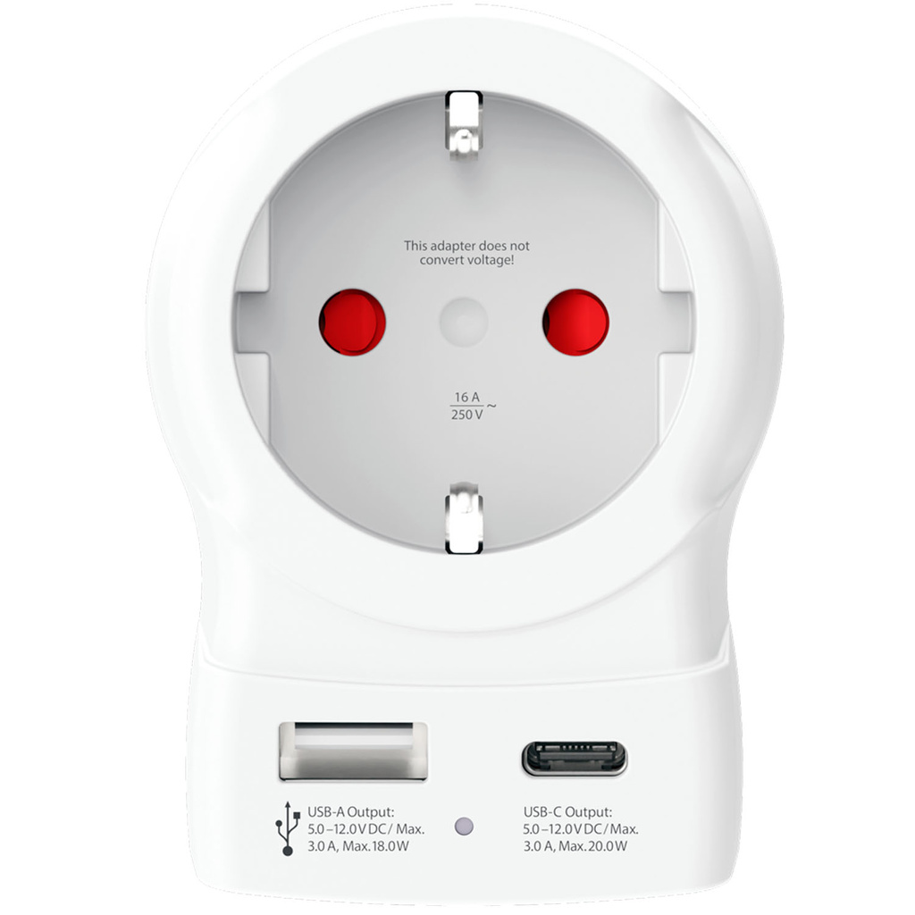 Travel adapter Europe to USA USB-A/USB-C 20W PD 3-pole