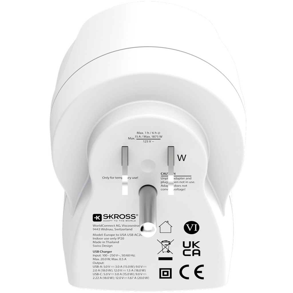 Travel adapter Europe to USA USB-A/USB-C 20W PD 3-pole