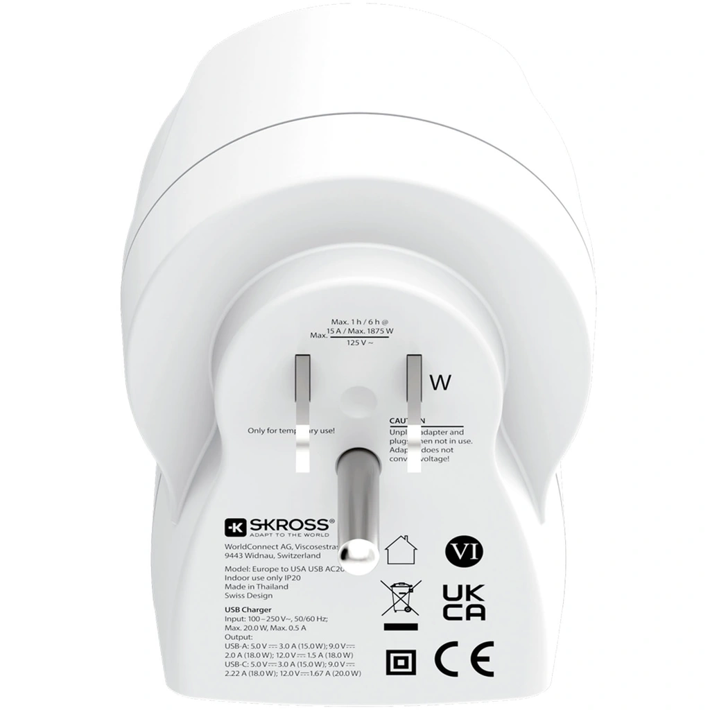 Reseadapter Europa till USA m.fl. USB-A/USB-C 20W PD Jordad