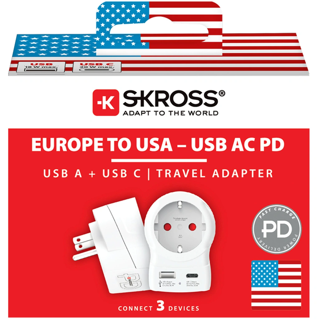 Reseadapter Europa till USA m.fl. USB-A/USB-C 20W PD Jordad