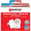 Reseadapter Europa till USA m.fl. USB-A/USB-C 20W PD Jordad