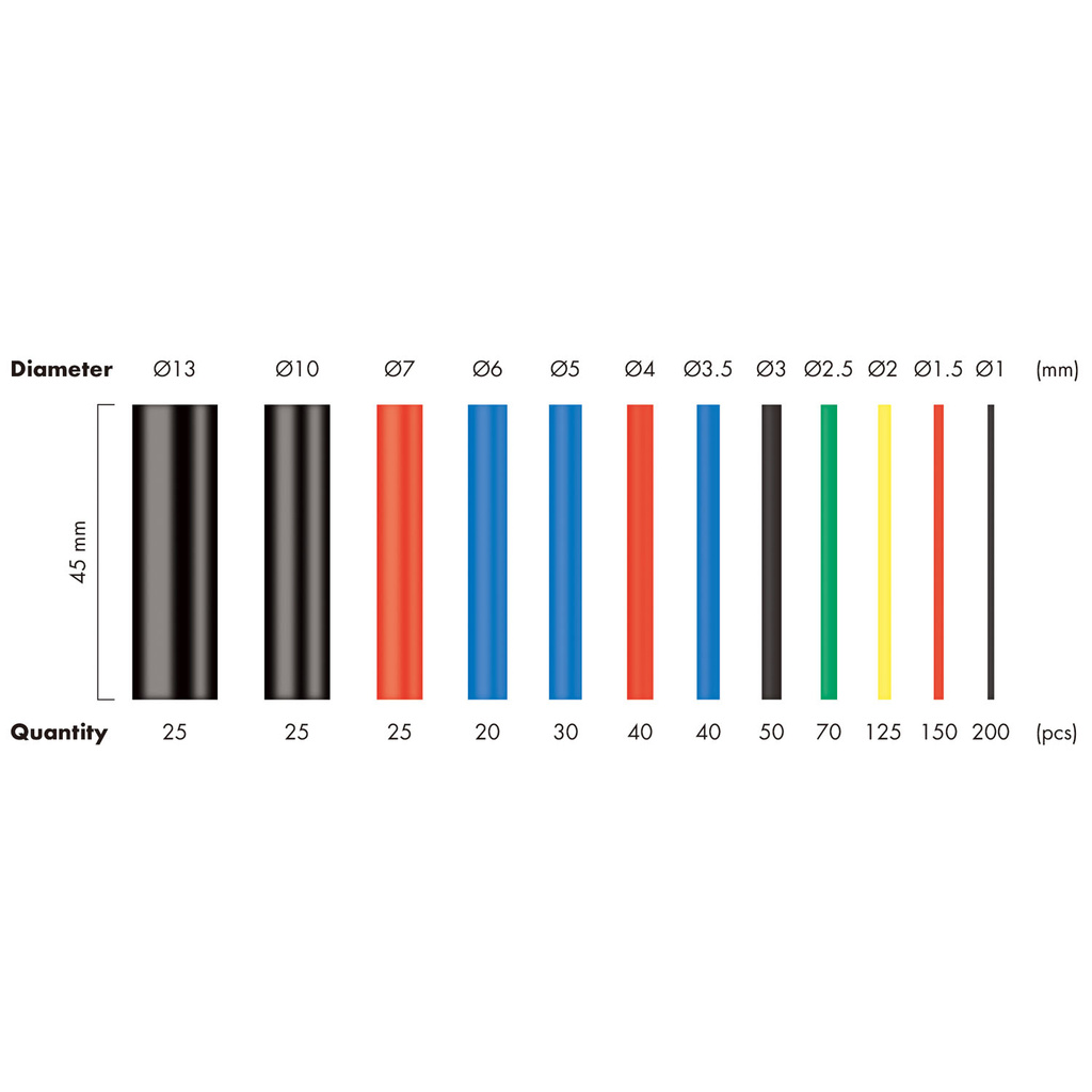 Shrink tubes 800-pack 45mm long Mixed colors