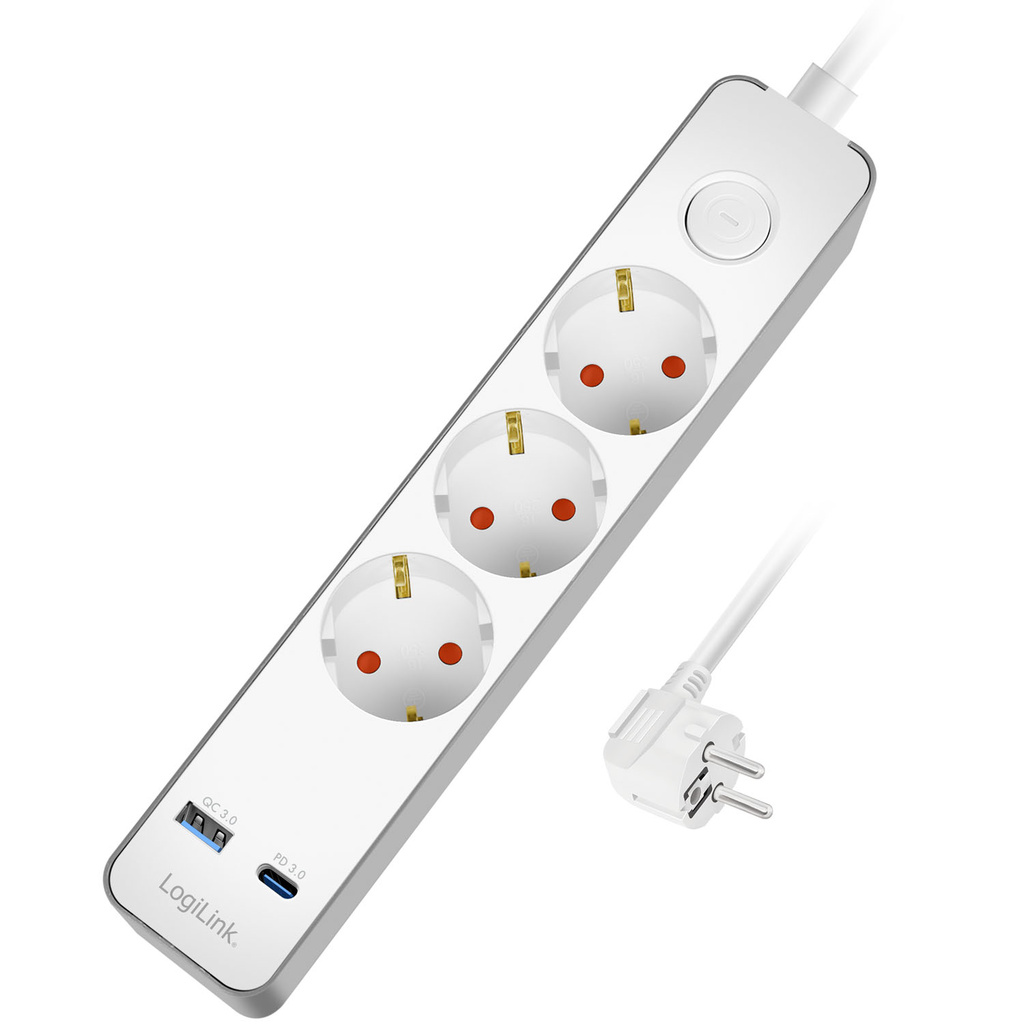 Grenuttag 3-vägs + USB-A/USB-C PD 20W med brytare 1,4m Vit