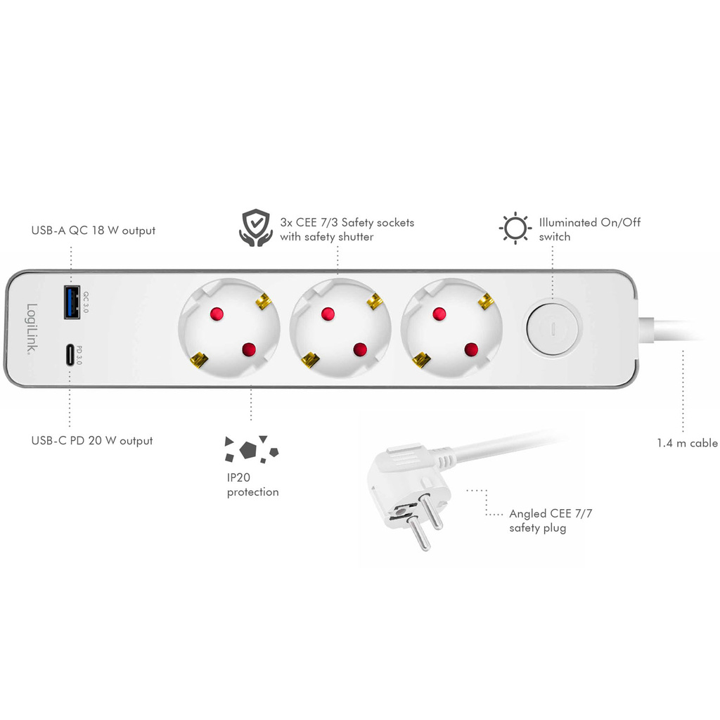 Grenuttag 3-vägs + USB-A/USB-C PD 20W med brytare 1,4m Vit