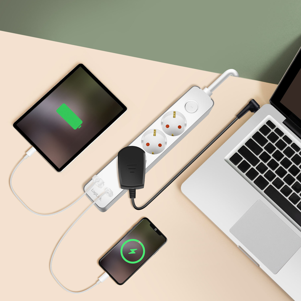 Grenuttag 3-vägs + USB-A/USB-C PD 20W med brytare 1,4m Vit