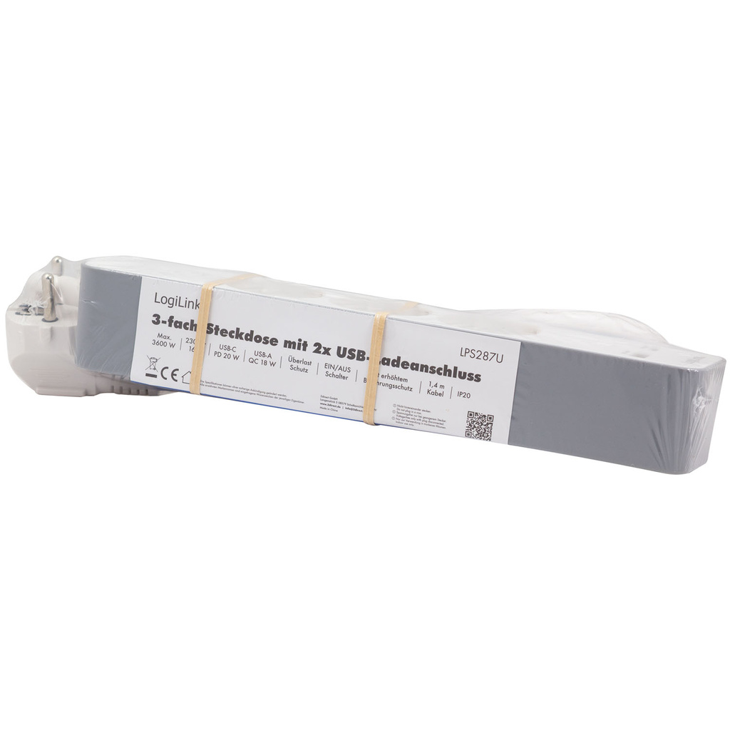 Grenuttag 3-vägs + USB-A/USB-C PD 20W med brytare 1,4m Vit