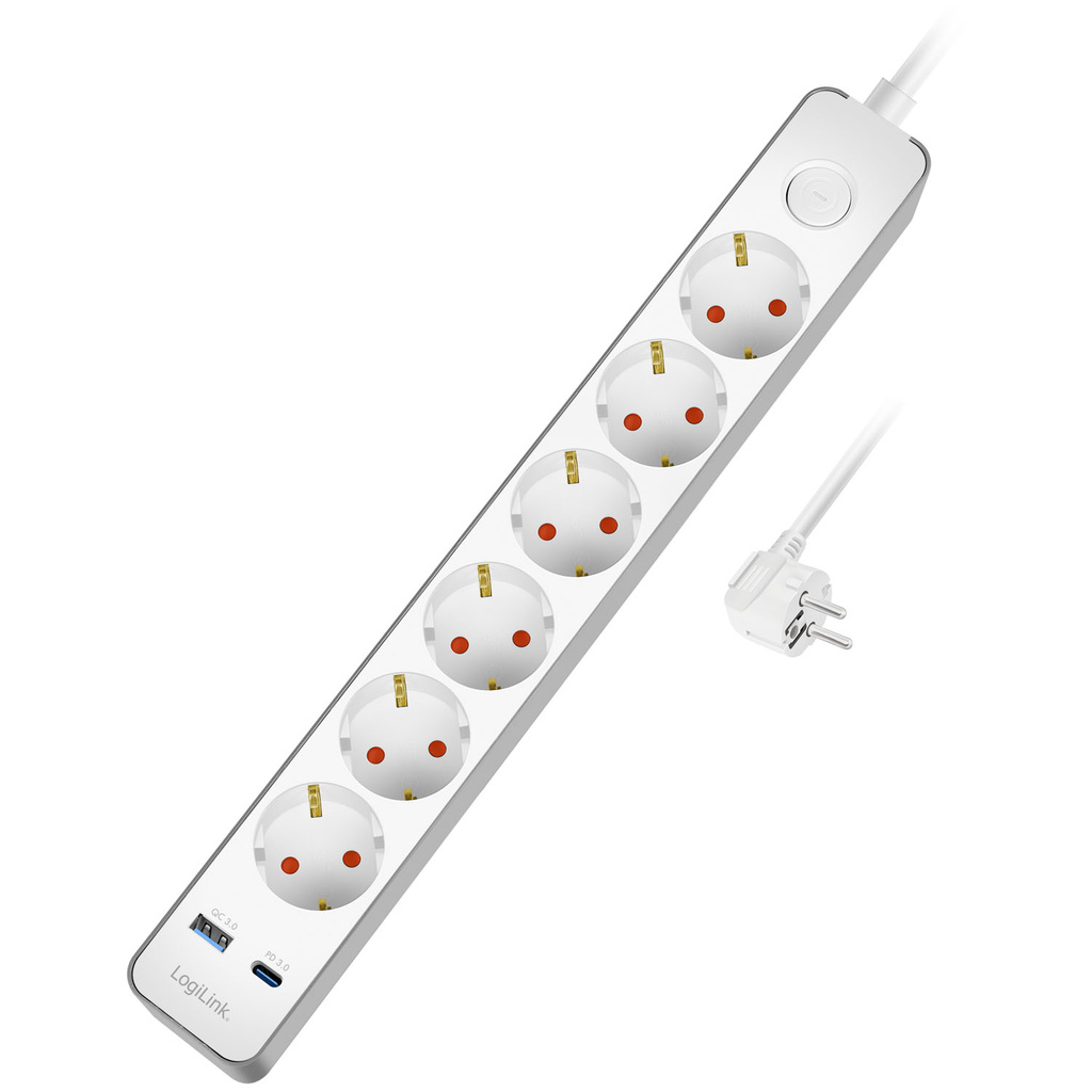 Power strip 6-way + USB-A/USB-C PD 20W with switch 1.4m White