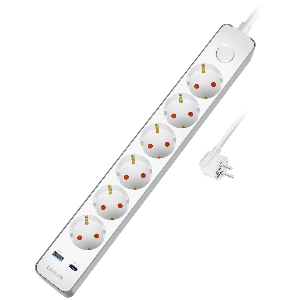 Power strip 6-way + USB-A/USB-C PD 20W with switch 1.4m White