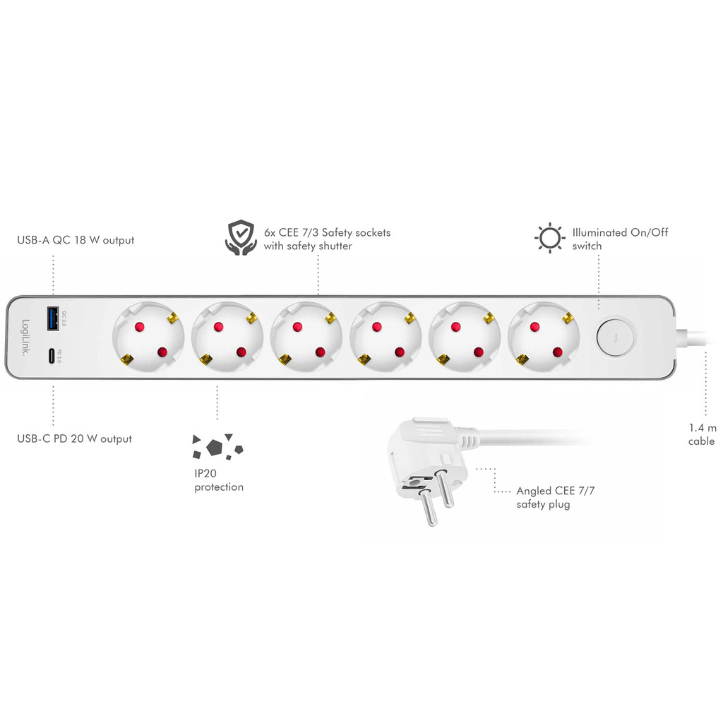 Power strip 6-way + USB-A/USB-C PD 20W with switch 1.4m White