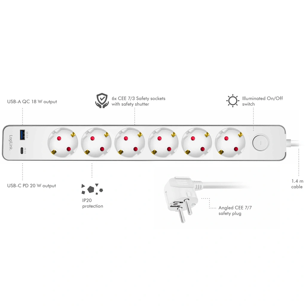 Power strip 6-way + USB-A/USB-C PD 20W with switch 1.4m White