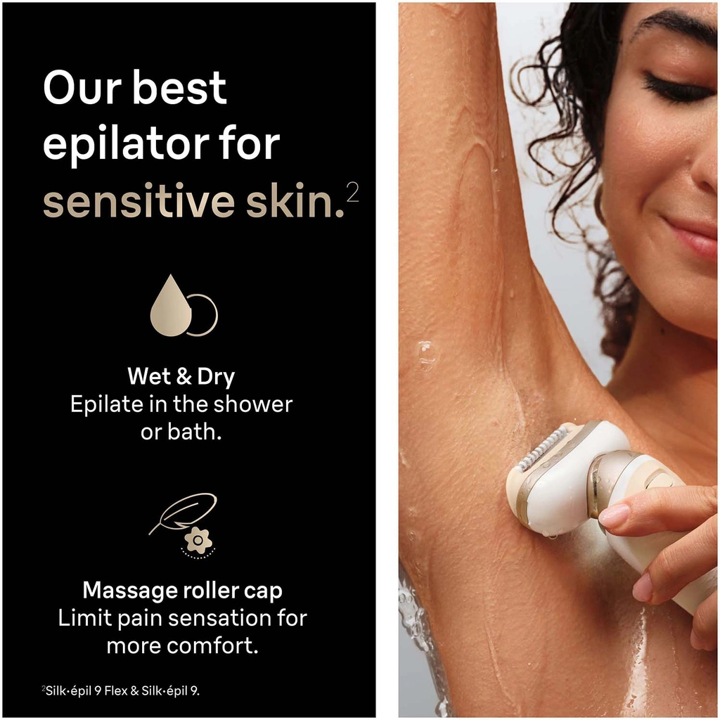 Epilator Silk·épil 9 Flex Wet & Dry, Långvarigt Slät Hud, 9-030 3D, Guld