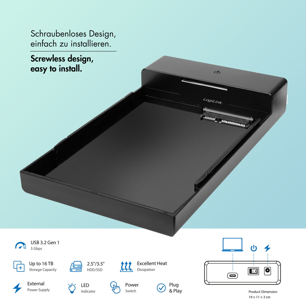 Hårddiskkabinett 2,5"/3,5" SATA USB-C 5 Gbit/s Skruvfri design Svart