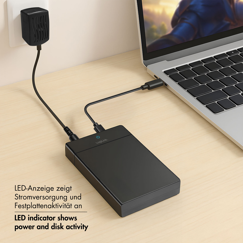 Hårddiskkabinett 2,5"/3,5" SATA USB-C 5 Gbit/s Skruvfri design Svart