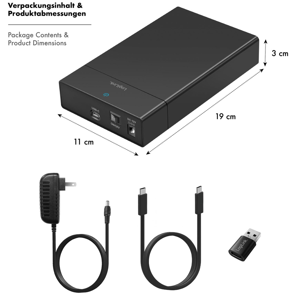 Hårddiskkabinett 2,5"/3,5" SATA USB-C 5 Gbit/s Skruvfri design Svart