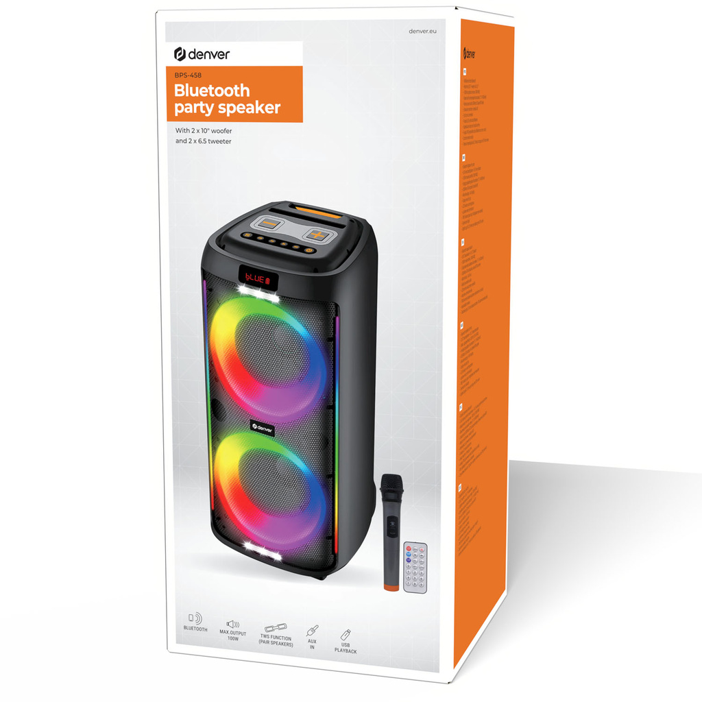 Högtalare Bluetooth 2x10" woofer 100W Batteri LED-ljus BPS-458 Svart