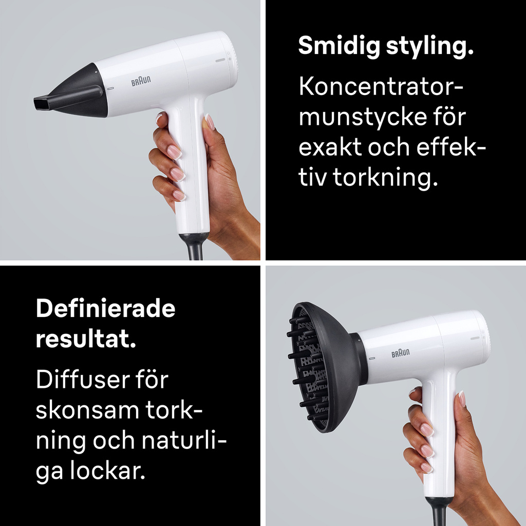Hårfön1800W 3värme/hastighetslägen + 2 tillbehör