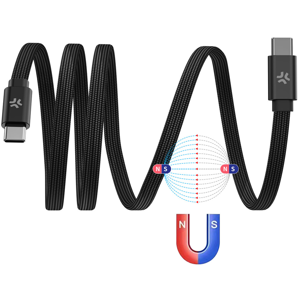 USB-C Kabel 60W Magnetisk Flätad Flat 1m Svart