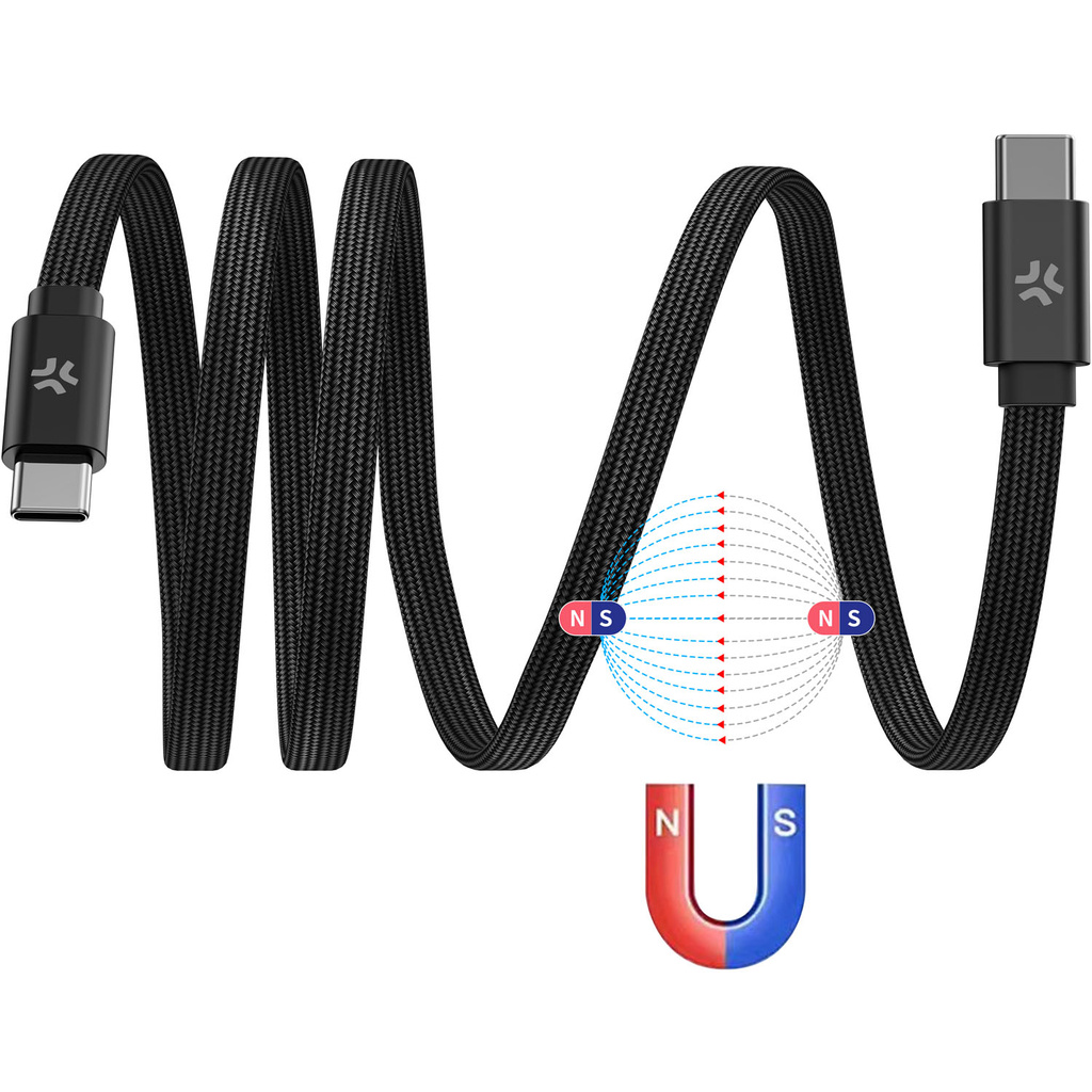 USB-C Kabel 60W Magnetisk Flätad Flat 2m Svart