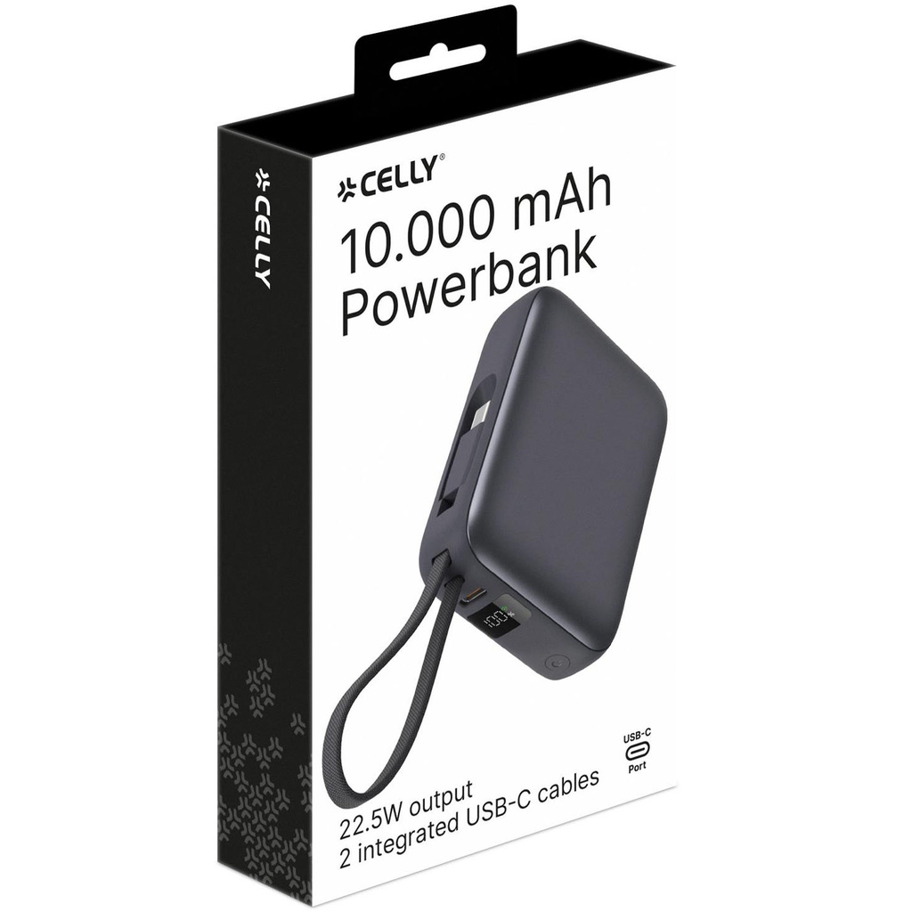 Powerbank 10.000 mAh 22,5W PD Integrerad kabel Svart