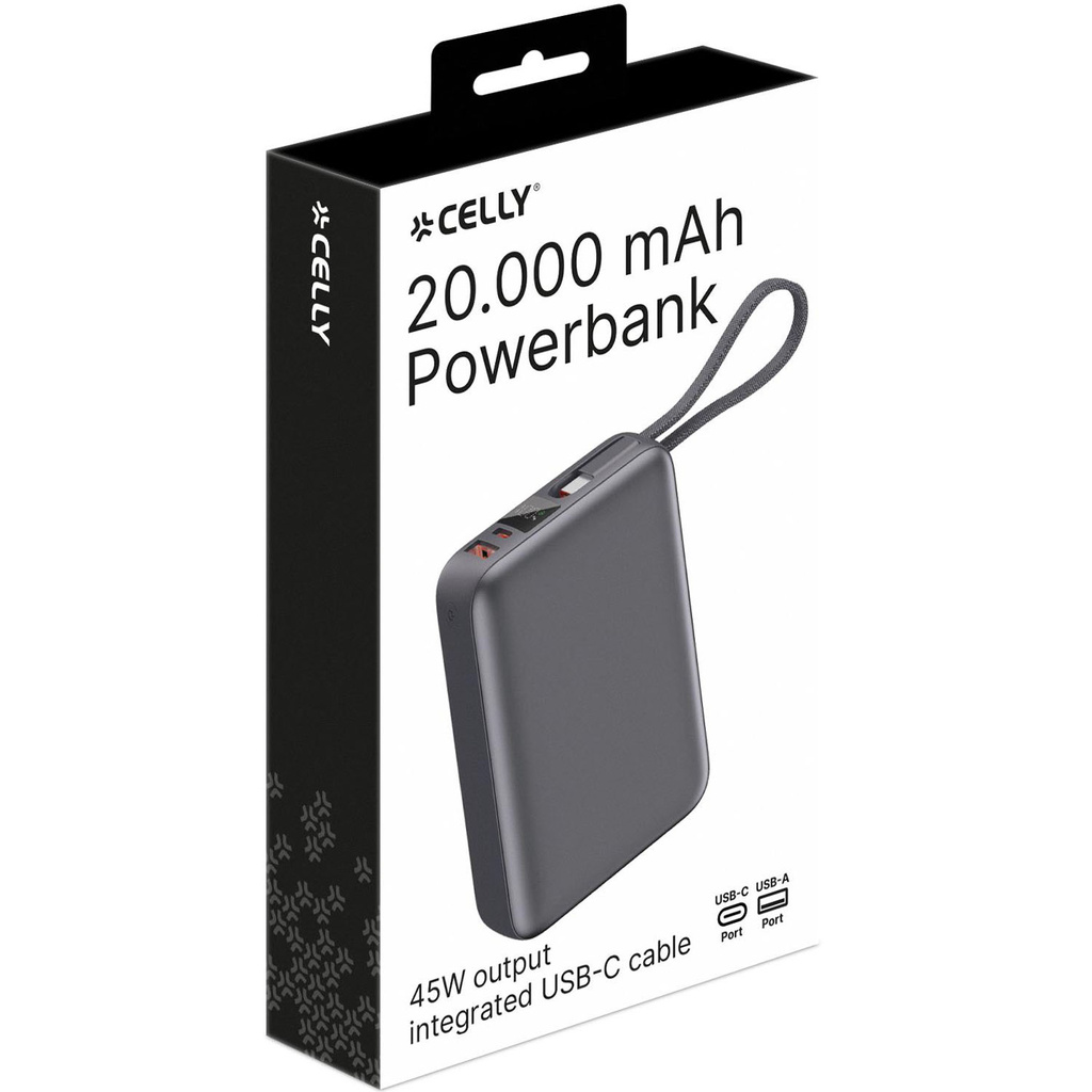 Powerbank 20.000 mAh 45W PD Integrerad kabel Svart