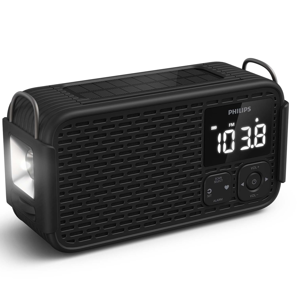 Vevradio IP55 Solcell Batteri Nödlarm Svart