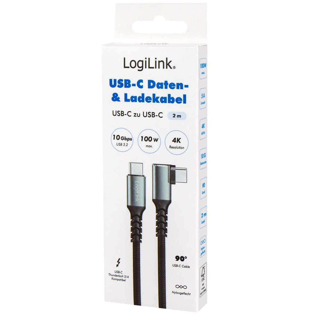 USB-C till USB-C Kabel Vinklad Flätad 100W 4K 2m