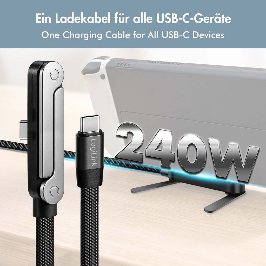 USB-C-kabel med inbyggt stativ Flätad 240W Svart