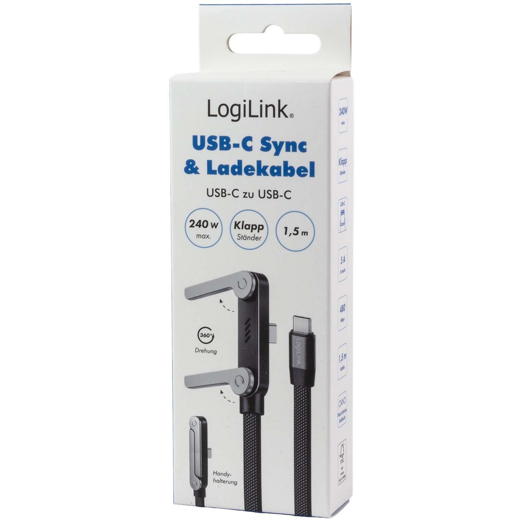 USB-C-kabel med inbyggt stativ Flätad 240W Svart