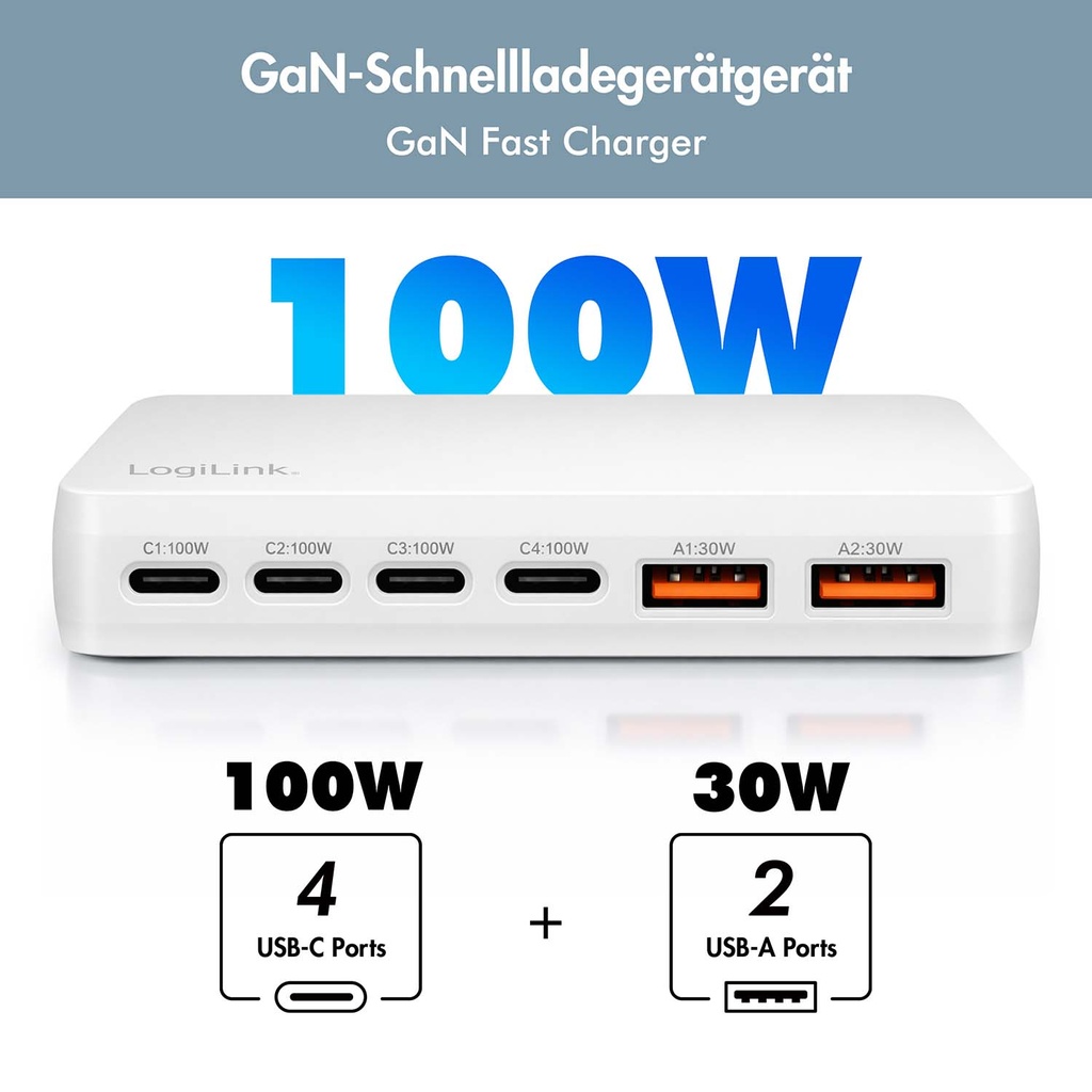 Laddare 6-portar 100W PD3.0/QC3.0 Vit