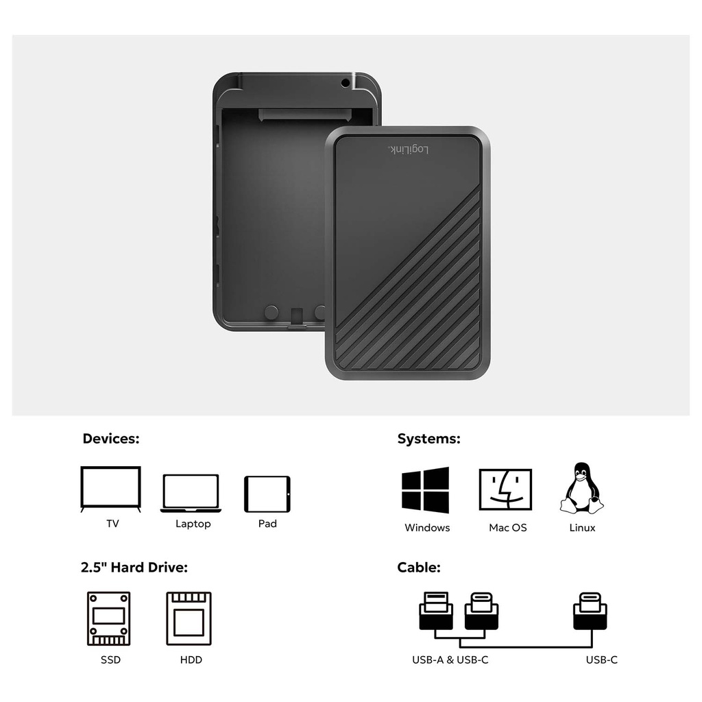 Hårddiskkabinett 2,5" SATA USB-C 5 Gbit/s Skruvfri design Svart