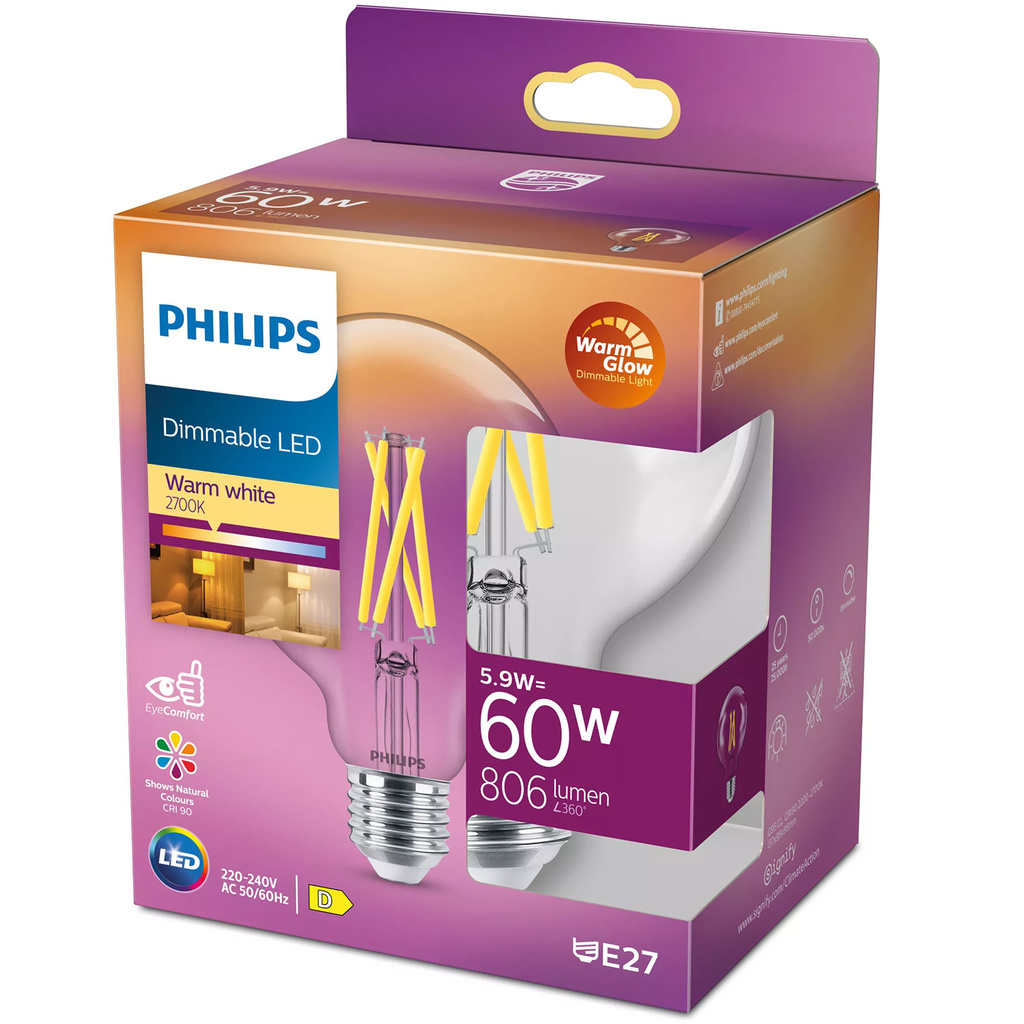 LED E27 Globe G95 5,9W (60W) Klar Dimbar WarmGlow 2200-2700K 806lm