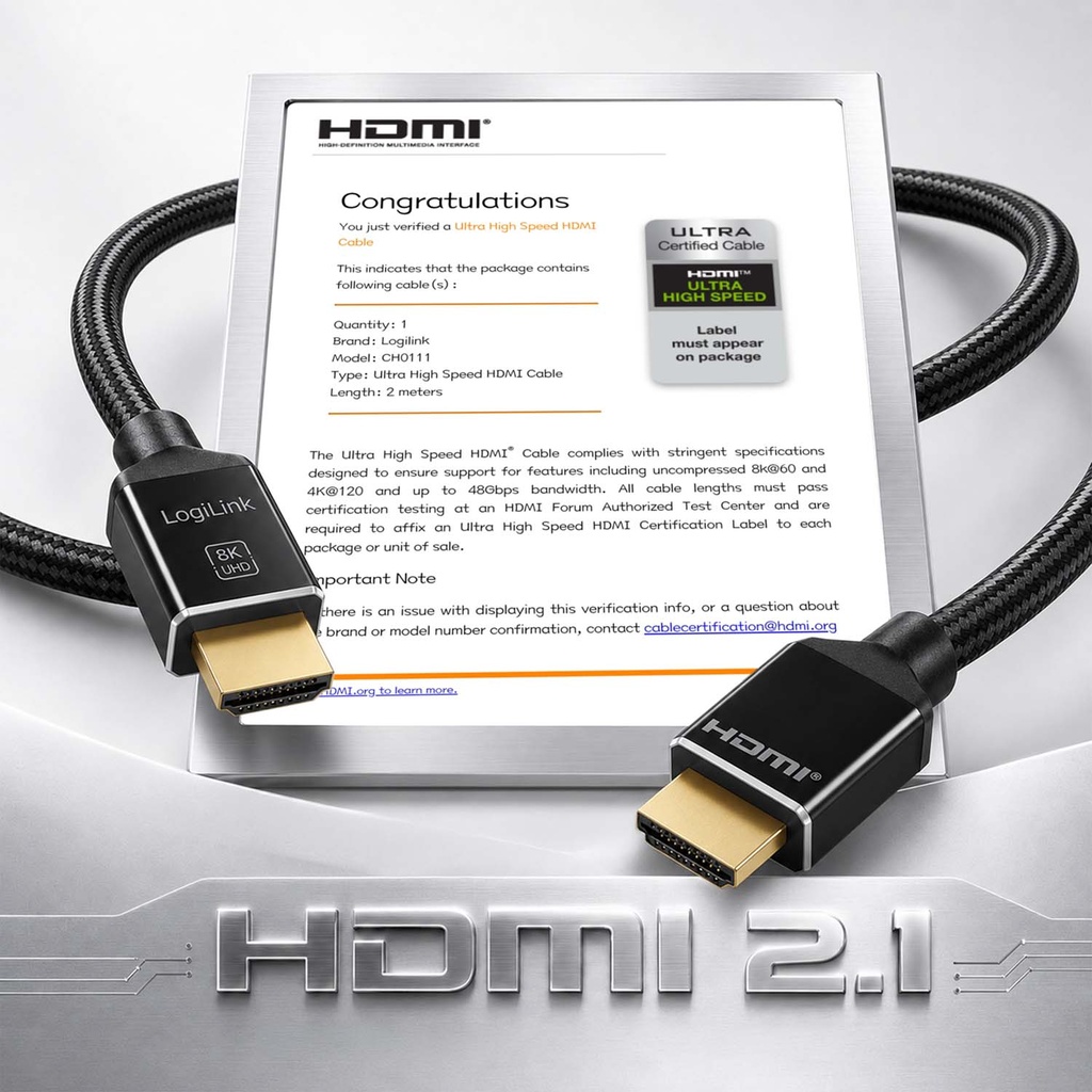 HDMI-kabel HDMI 2.1 8K/60Hz 4K/120Hz 48 Gbps Flätad 2m Svart