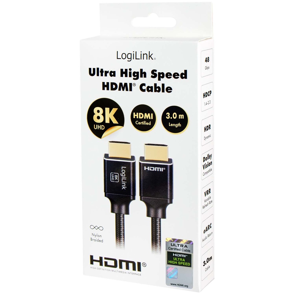 HDMI-kabel HDMI 2.1 8K/60Hz 4K/120Hz 48 Gbps Flätad 3m Svart