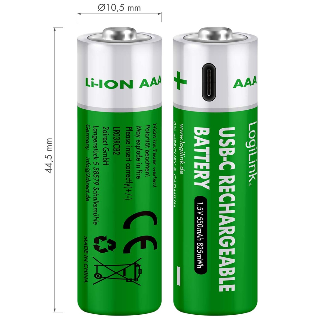Laddningsbara AAA-batterier med USB-C 2-pack
