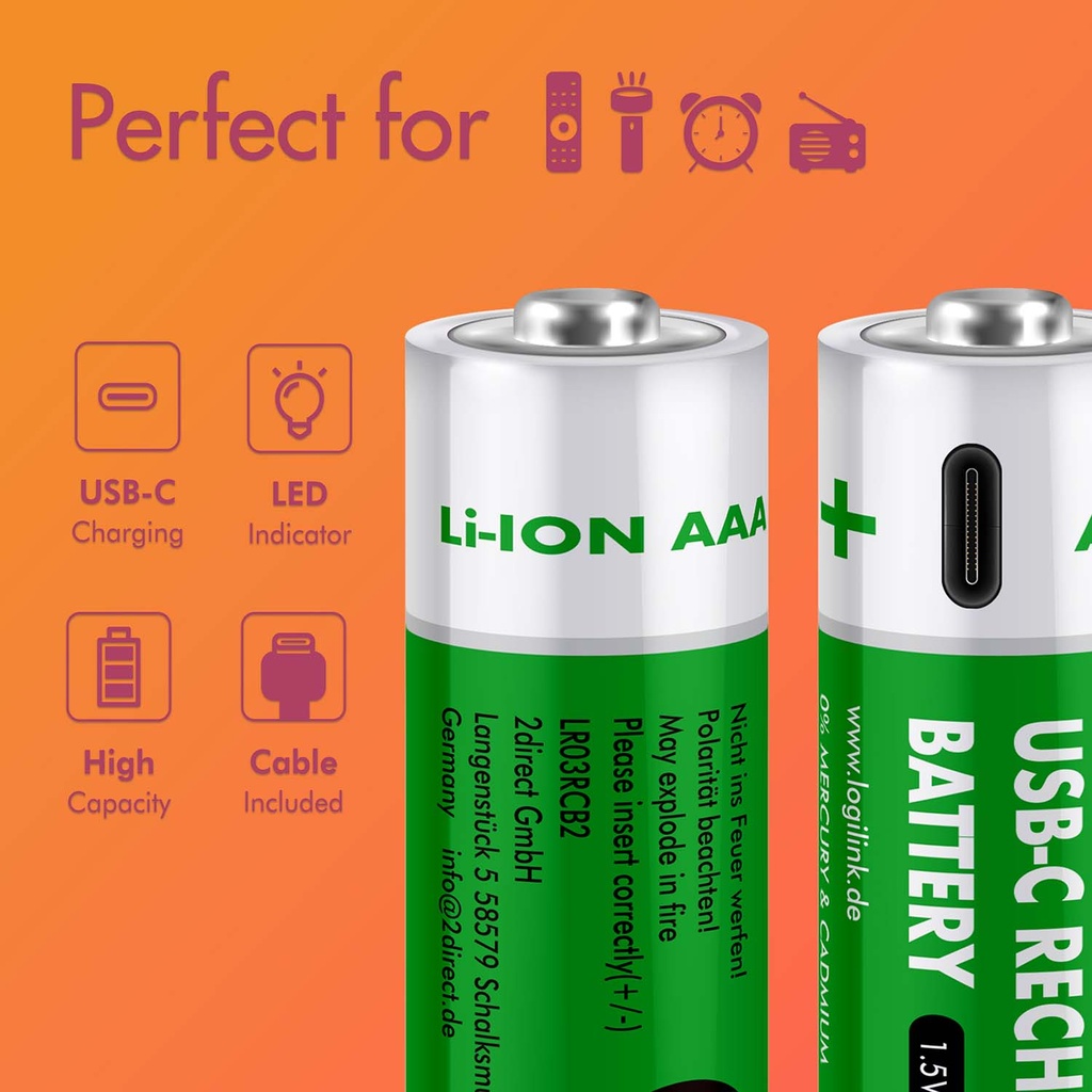 Laddningsbara AAA-batterier med USB-C 2-pack