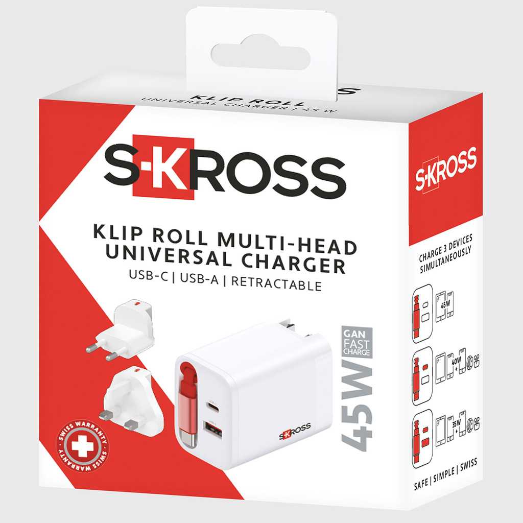 Reseladdare EU-US-UK USB-A/USB-C PD 45W Ojordad Klip Roll Multihead