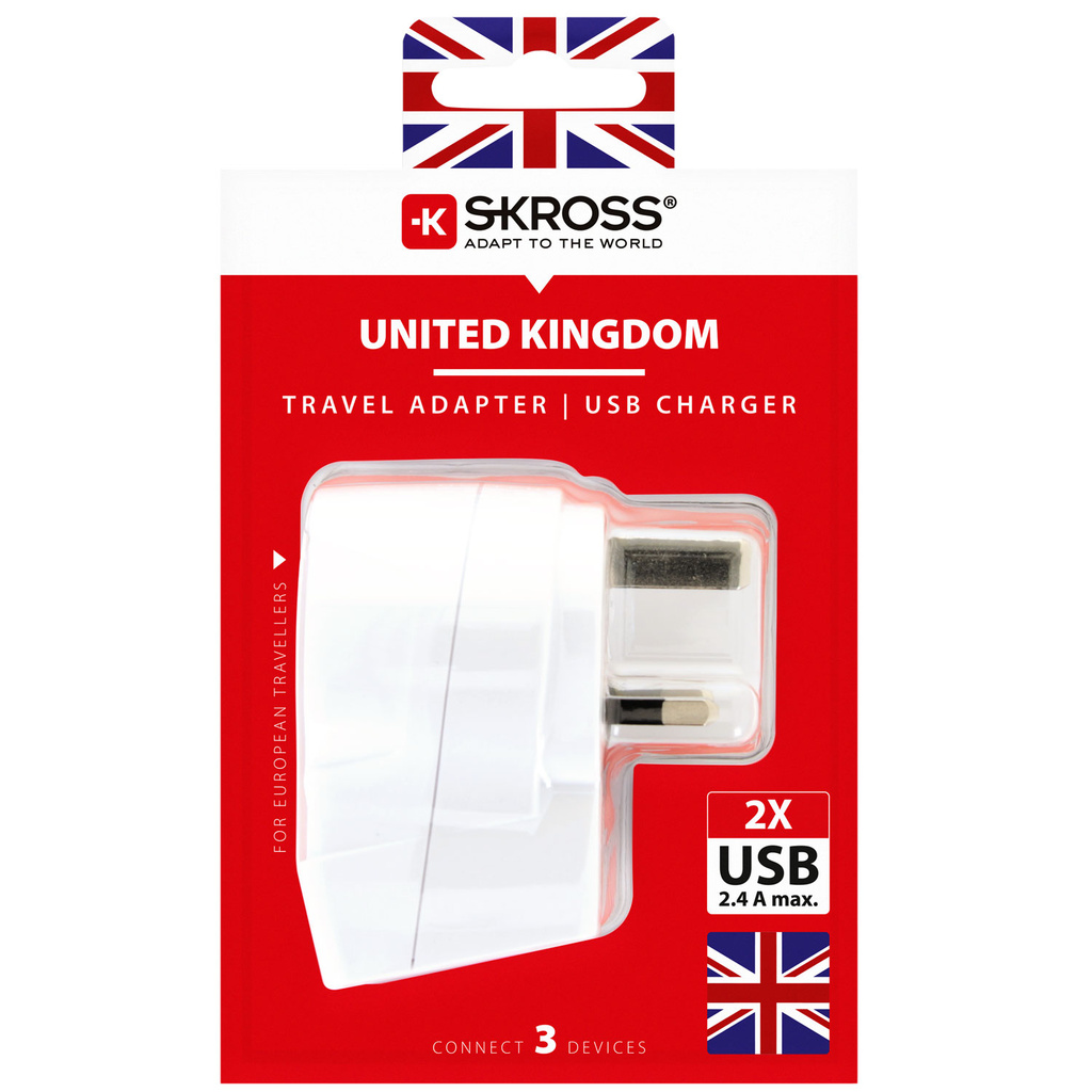 Reseadapter Europa till UK m.fl. 2xUSB-A 12W Jordad