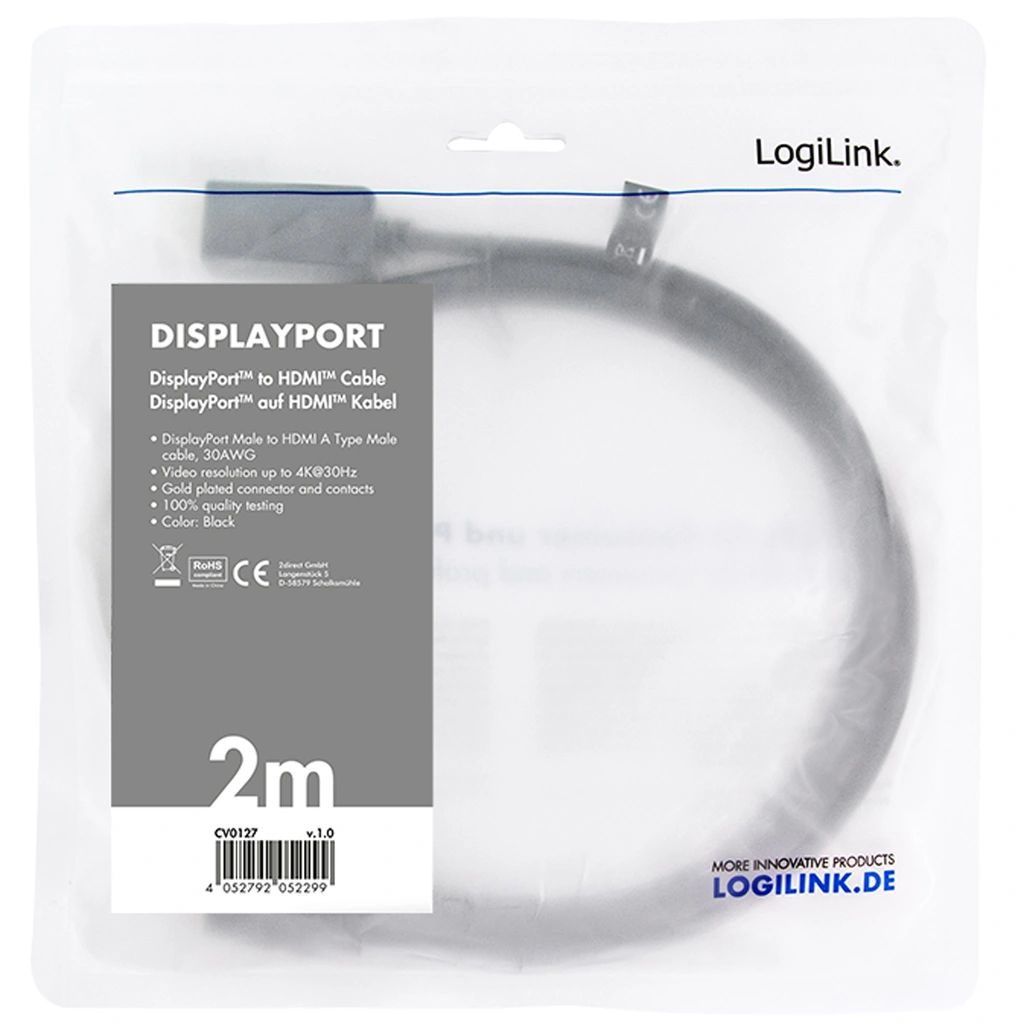 DisplayPort-kabel 1.2 4K/30 Hz 2m Svart
